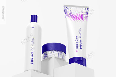 商标身体护理产品场景模型 低角度视图化妆品产品身体护理产品瓶子图片素材-编号60202994-