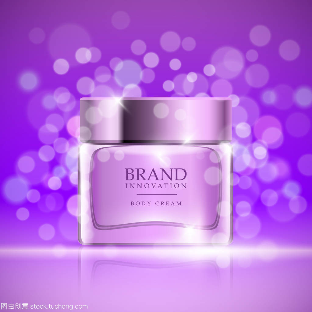 美颜霜紫色泡沫背景上。皮肤护理产品化妆品行业的广告概念。矢量图